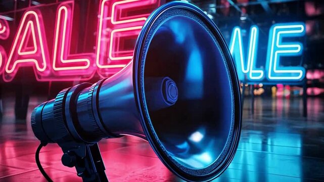 A vibrant megaphone amplifying a neon sale sign, creating a lively shopping atmosphere.