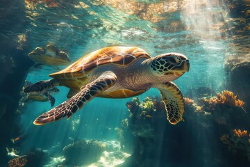 Obraz premium Giant sea turtles swimming gracefully through warm, clear waters, with vibrant coral below and sunlight filtering through the surface, creating a peaceful underwater scene