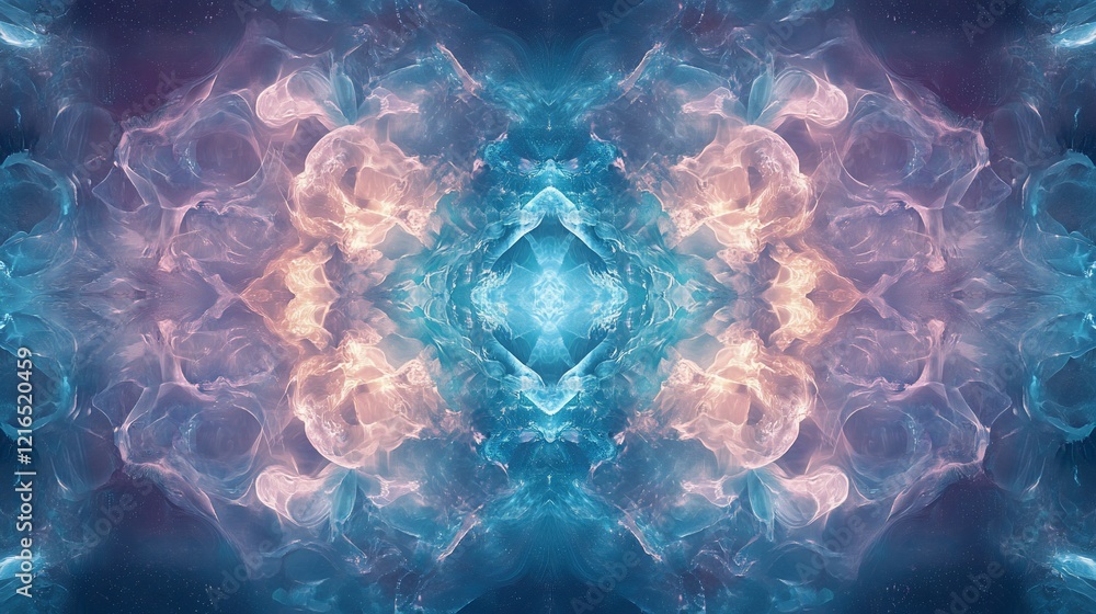 Poster symmetrical abstract design with flowing blue and light orange patterns creating a serene artistic i