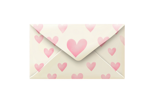 An envelope adorned with pink hearts, symbolizing love and affection, isolated on a white background.,valentine day,love,cut out - Powered by Adobe
