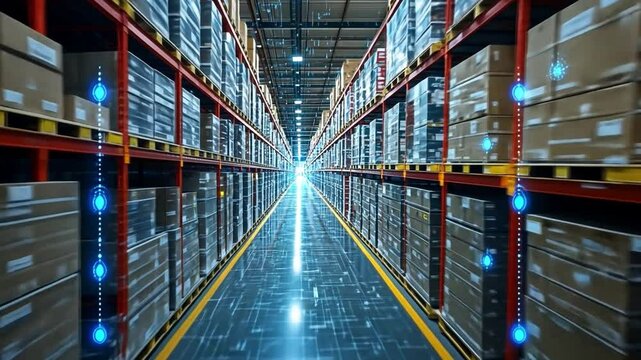 Modern warehouse with organized boxes and digital overlays for logistics tech