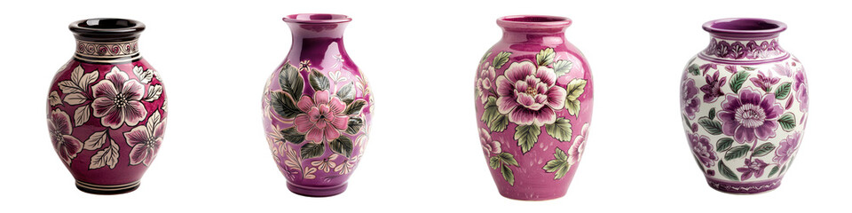 Elegant and ornate ceramic vases adorned with intricate floral patterns and vibrant bouquet...