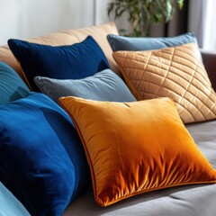 Colorful velvet cushions on a couch in a living room