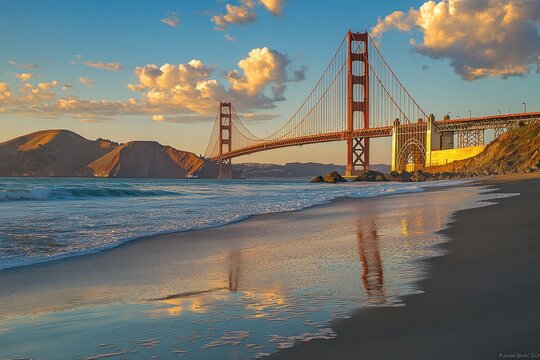 Golden Gate Bridge sunset beach reflection travel poster