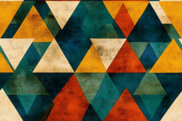 Geometric textile pattern: vintage-toned triangles in teal, orange, and beige.