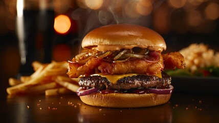Juicy cheeseburger with caramelized onions, melted cheese, and a perfectly toasted beef patty, served in a soft golden bun. 