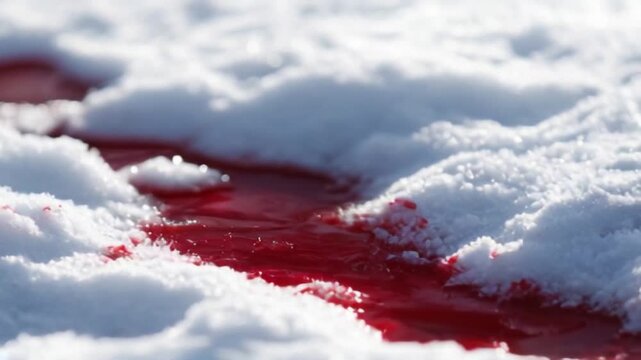A vivid contrast of bright red liquid flowing over pristine white snow captures attention in a serene winter setting. The chilling beauty evokes a sense of mystery and intrigue