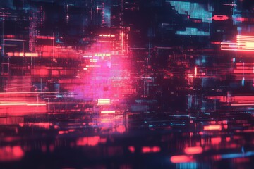 Glitched display with vibrant error symbols, scattered across a dark, chaotic digital background filled with static noise