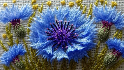 Blue cornflower illustrated in embroidery style with intricate details and vibrant tones