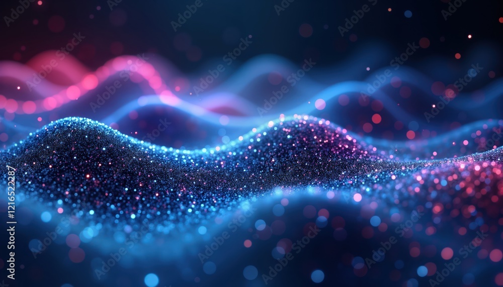 Aufkleber Abstract futuristic illustration glowing blue, pink digital waves. Dotted patterns create dynamic movement. Vibrant colors evoke sense of data flow sound waves. Modern tech design conveys innovation,