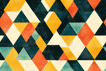 Fototapeta premium Geometric pattern: vibrant triangles and diamonds in yellow, orange, teal, and dark gray.