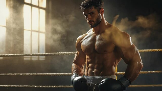 A muscular boxer standing in a dimly lit boxing ring, wearing gloves and looking down with a focused and determined expression under dramatic lighting