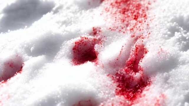 A patch of white snow is marked by vivid red stains, suggesting a recent struggle or predator-prey interaction in a winter forest setting. The cold atmosphere enhances the stark contrast