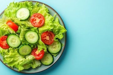 Fresh salad plate, cucumbers, tomatoes, lettuce, blue background, healthy food
