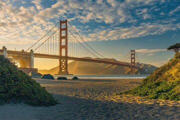 Golden Gate Bridge sunrise beach view, California
