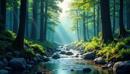 Fototapeta premium Serene forest scene. Rich green trees line a tranquil river flowing through a beautiful nature landscape. Sunlight streams through the trees. Peaceful and serene view. Natural beauty.