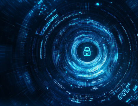 
Digital background featuring blue binary code with a lock icon on a dark digital technology and cyber security concept. 