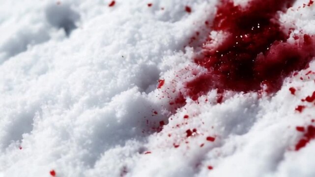A vivid contrast of deep red splatters against a pristine white snow foreground indicates the aftermath of a winter hunt