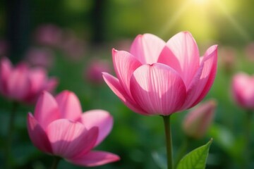 Obraz premium Delicate petals unfolding like pink silk in a lush garden, floral, blooming flowers