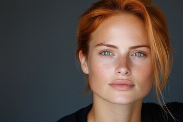 Naklejka premium Showcasing a striking redhead with freckles and a confident expression, this image captures the essence of beauty and warmth against a contrasting dark background.