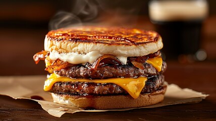 Breakfast burger with caramelized onions, melted cheese, and a perfectly toasted beef patty, served in a soft golden muffin bun. 