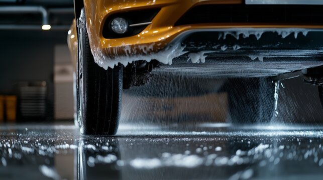 A close-up of a yellow car during an undercarriage wash, with water and soap streaming down, reflecting light in a professional car wash setting