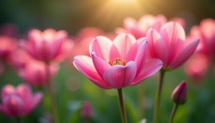 Fototapeta premium Delicate petals unfolding like pink silk in a lush garden, flower field,