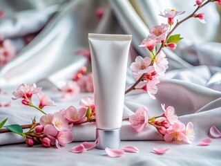 Elegant portrait: white cosmetic tube, pink flowers, hand mirror, soft fabric backdrop.
