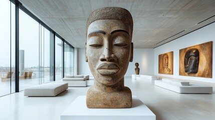 African mask display in a contemporary art gallery highlighting cultural heritage
