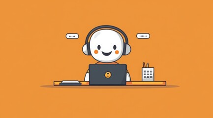 Happy cartoon character wearing headphones works on a laptop.  Positive vibes and simple design.