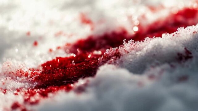A vivid trail of deep red blood contrasts sharply with the pristine white snow in a quiet, isolated forest during the afternoon. The snow glimmers under soft, natural light