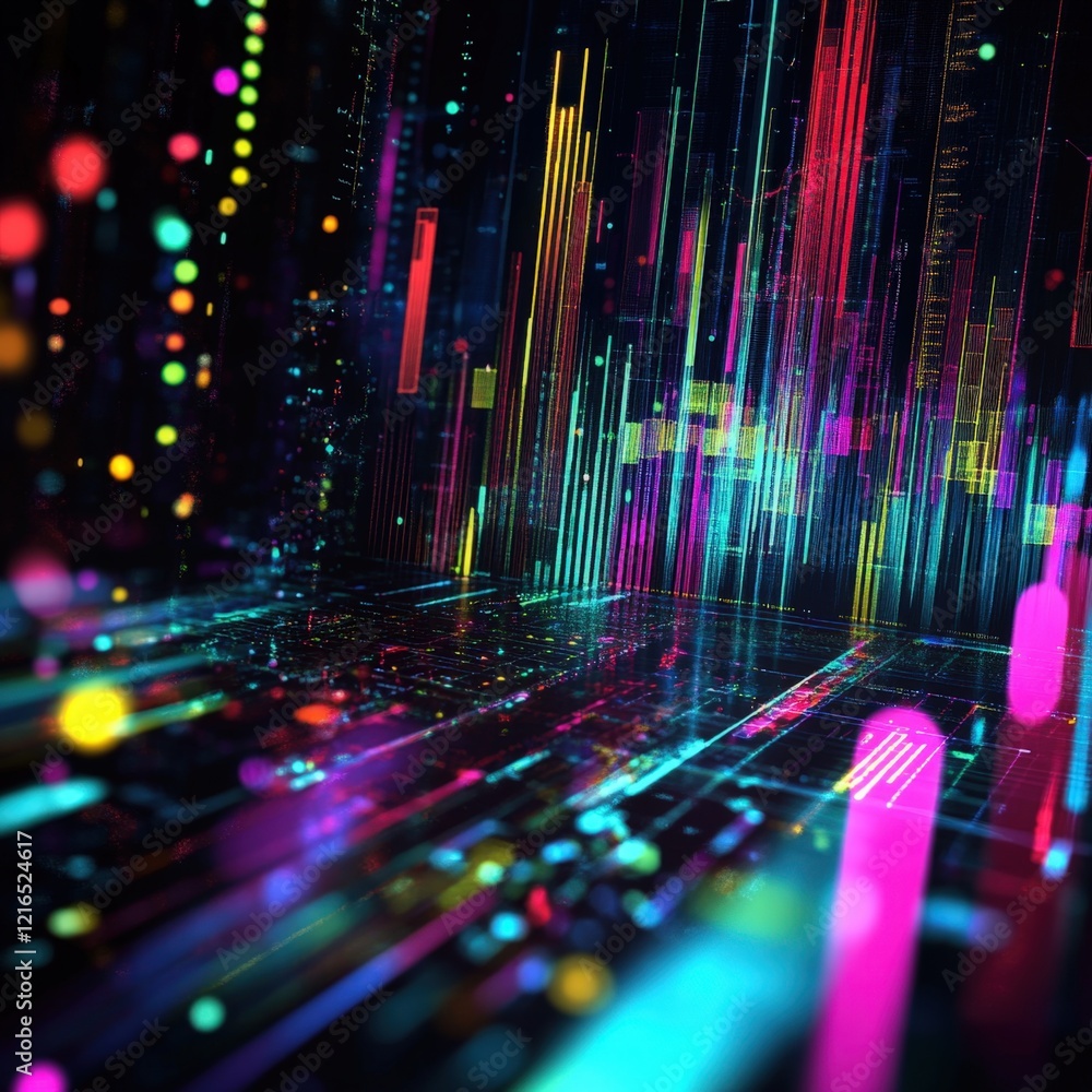 Poster abstract colorful neon light trails background with digital data lines and light effects