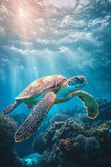 Fototapeta premium Diver swimming alongside a giant sea turtle near a coral reef, with sunlight streaming through the clear blue water
