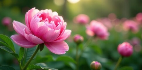 Fototapeta premium Delicate petals unfolding like pink silk in a lush garden, peonies, spring, garden