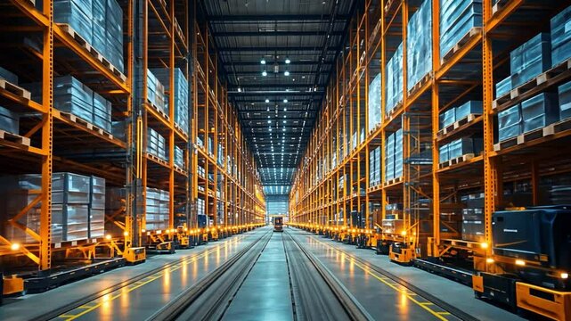 Spacious industrial warehouse with organized shelving and clear paths for efficient operations