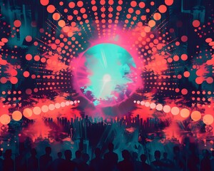 Illustration of A cool music festival poster with eye-catching dot fonts and neon lights, capturing the essence of the event. Ai Generate.
