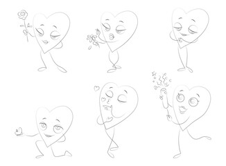 Vector black and white set of isolated characters of loving hearts on a white background: giving a flower, guessing on a daisy, hugging, blowing kisses, proposing marriage, with clapperboard festive.