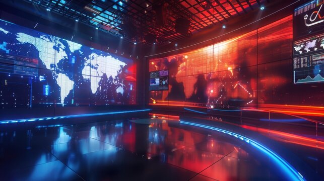 Futuristic News Studio Global Broadcast Center Red and Blue Lighting Modern Technology World Map Screens