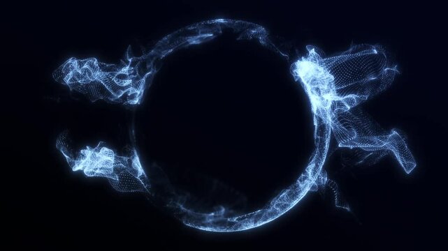 Glowing dynamic waveform energy sphere from particles flowing on black abstract background. Digital futuristic plasma orb in space. Sci fi fantasy magic circle screensaver. 4k 60fps looped graphic.
