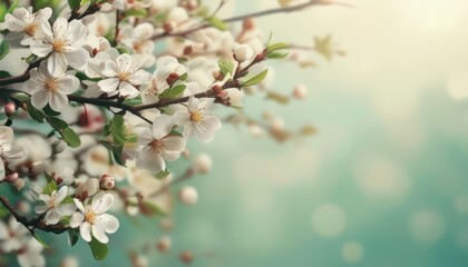 Blossoming cherry blossoms on branch against soft blurred background in spring
