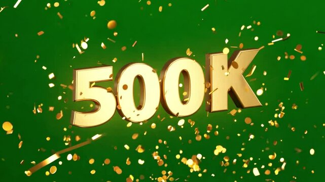 500k in golden numbers on green screen background. 500K followers banner 3D design. thank you for 500K followers. 3D rendering. 4K motion Video Element Golden particles floating with 500k 3d Animation