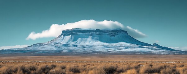 Snow-capped Mesa under a Serene Cloud, Breathtaking Desert Landscape