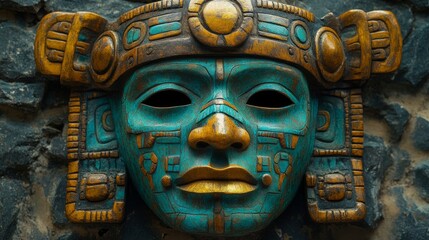 Intricately carved Mayan mask showcasing vibrant colors and detailed craftsmanship