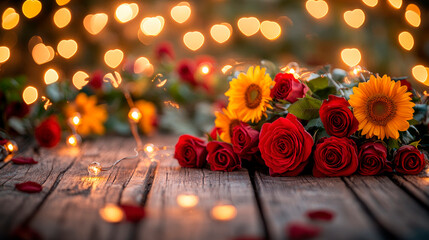 A festive composition with red roses,yellow sunflowers and string lights.