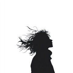 Fototapeta premium Silhouette woman windswept hair, white background, freedom, profile, graphic design.