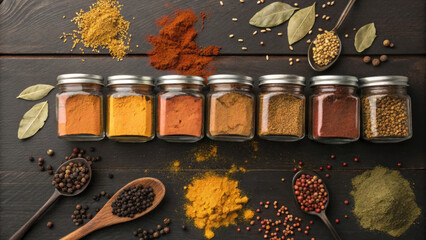 Spice jars arranged in flat lay with colorful powders and herbs