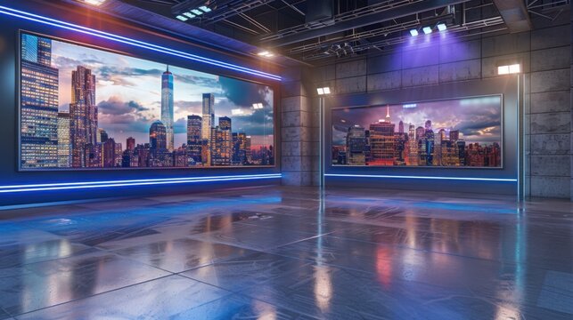 Modern TV Studio Set Design with New York City Skyline Backdrop