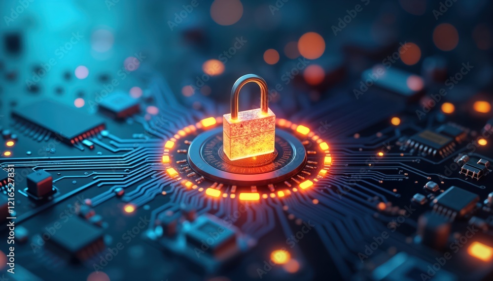 Poster Secure data in healthcare, life insurance using AI. Modern tech safeguards personal information. Illustration of cyber security. AI protecting sensitive data. Lock on circuit board. Advanced