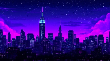 Obraz premium Neon Cityscape Under a Starlit Night Sky