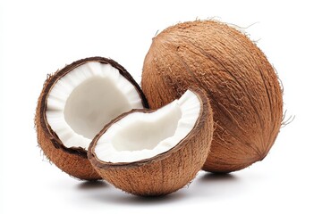 Tropical coconut halves, whole coconut, white background, food photography